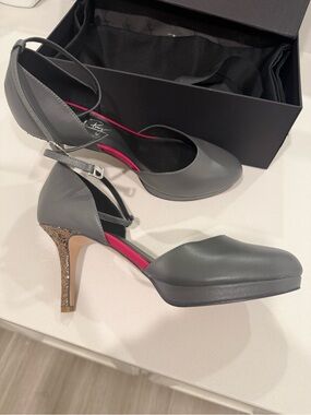 Shoes of Prey Gray Ankle-Strap Pumps with Glitter Heel